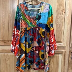 Sacred Threads Deep V-Neck Multicolor Patchwork Long Sleeve Bohemian Tunic  L/XL